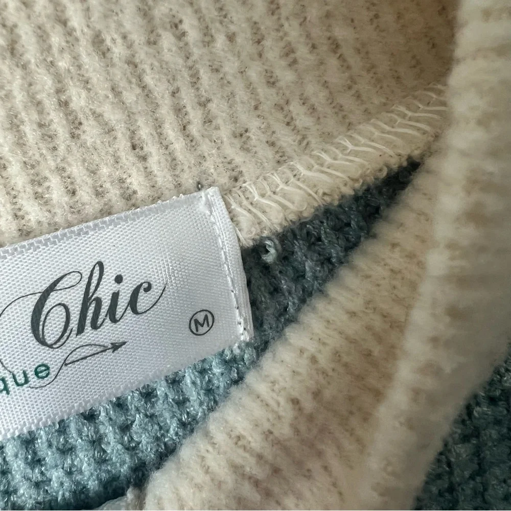 Women’s Blue and Cream Quarter-Zip Sweater, Size Medium, Waffle Sweater